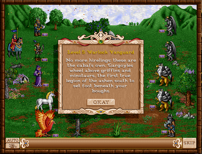 An in-battle story briefing titled 'Level 5: Warlock Vanguard', with a Sorceress army facing gargoyles and griffins on a grassy battlefield