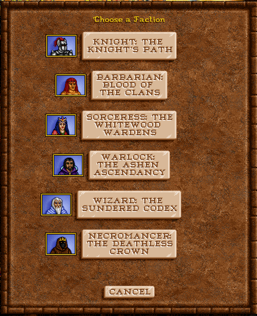 The 'Choose a Faction' menu listing all six factions with hero portraits and campaign titles