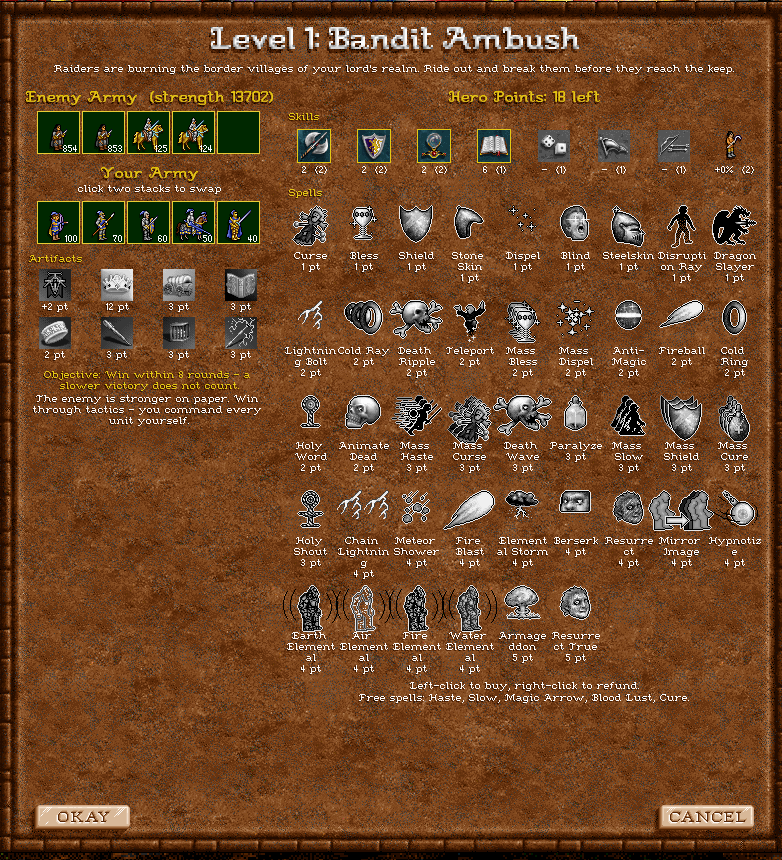 Pre-battle loadout screen for Level 1 Bandit Ambush, showing enemy and player armies, hero points, and a grid of skills and spells to buy